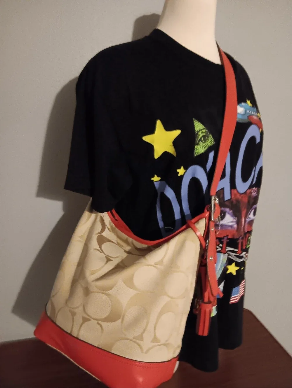 Coach Beige Signature Canvas Shoulder Bag with Red Trim